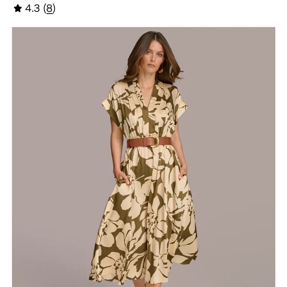 Donna Karan Olive and Cream Floral Midi Dress